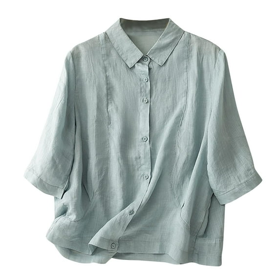 Nmnitkp Womens Tops High Quality Fabric Women's Cotton and Linen Solid Color Lapel Button Sleeve Top New Type Cotton Blend Crew Neck Short Sleeve Basic Tunic Tee Shirts Tops Blouse