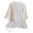 thumbnail image 1 of Nmnitkp Womens Tops High Quality Fabric Women's Cotton Linen V neck Button Down 3/4 Lantern Sleeve Tunic Embroidered Tops Blouse, 1 of 1