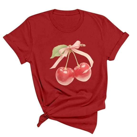 Nmnitkp Womens Tops New Type Women Graphic Tees Cherry Print Loose Fit Short Sleeve Crew Neck T Shirt Summer Casual Top