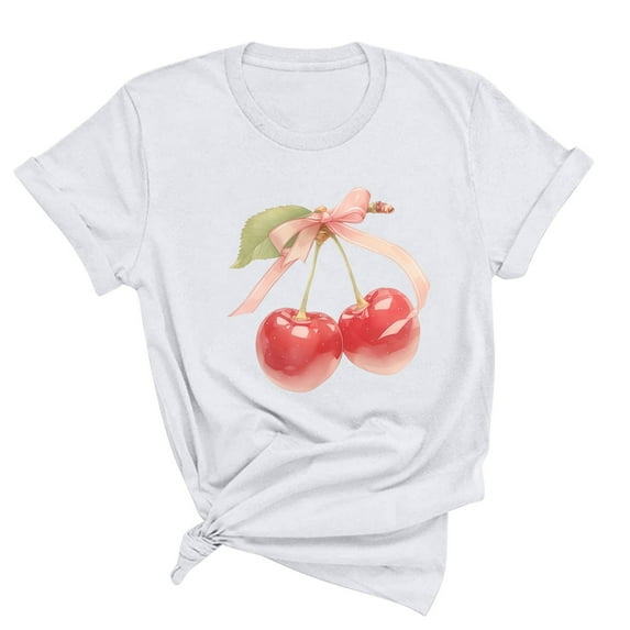 Nmnitkp Womens Tops New Type Women Graphic Tees Cherry Print Loose Fit Short Sleeve Crew Neck T Shirt Summer Casual Top