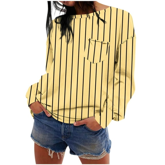 Nmnitkp Womens Tops Soft and Comfortable Stripe Womens Crewneck Long Sleeve Sweatshirts Longsleeve Casual Pullover Tops Loose Shirt High Quality Fabric Long Sleeve Shirts for Women with Pockets
