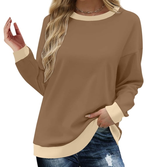 Nmnitkp Womens Tops Soft and Comfortable Sweatshirts for Women Crewneck Long Sleeve Shirts for Women Loose Fit Tops Color Block Ribbed Trim Fashion 2025