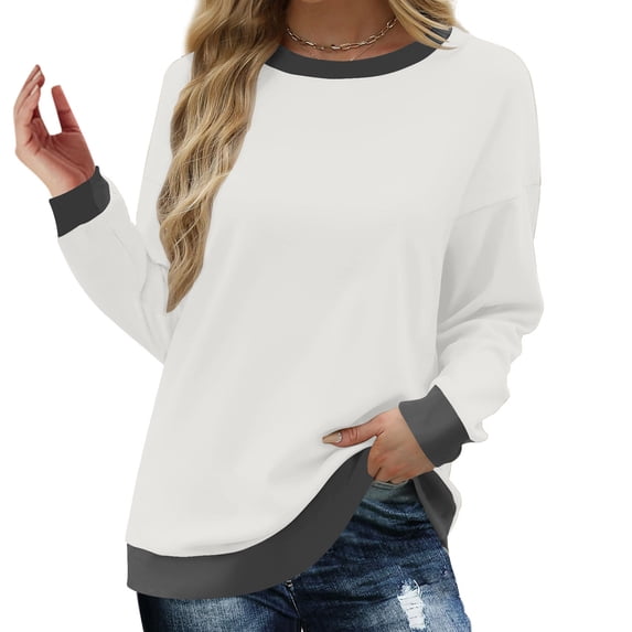 Nmnitkp Womens Tops Soft and Comfortable Sweatshirts for Women Crewneck Long Sleeve Shirts for Women Loose Fit Tops Color Block Ribbed Trim Fashion 2025