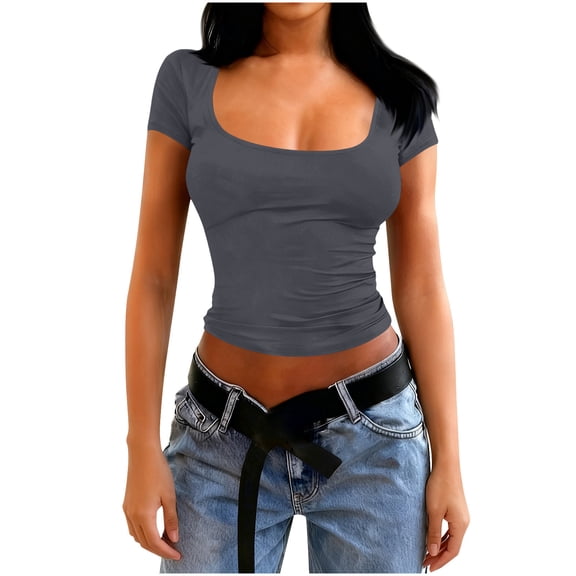 Nmnitkp Womens Tops Square Neck Short Sleeve Casual Slim Fitted Tshirts Tops Summer Going Out Work Cute Shirts Trendy 2026 Gray,M