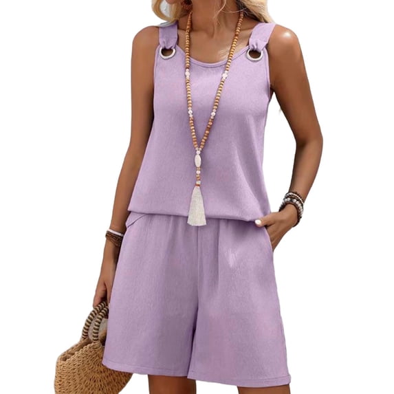 Nmnitkp Womens Two Piece Short Sets Summer Casual Matching Lounge Set Round Neck Sleeveless Tank Tops Drawstring Elastic Waist Shorts with Pockets
