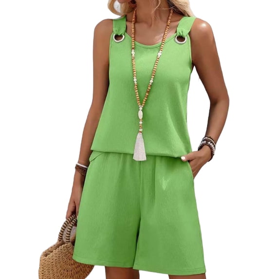 Nmnitkp Womens Two Piece Short Sets Summer Casual Matching Lounge Set Round Neck Sleeveless Tank Tops Drawstring Elastic Waist Shorts with Pockets