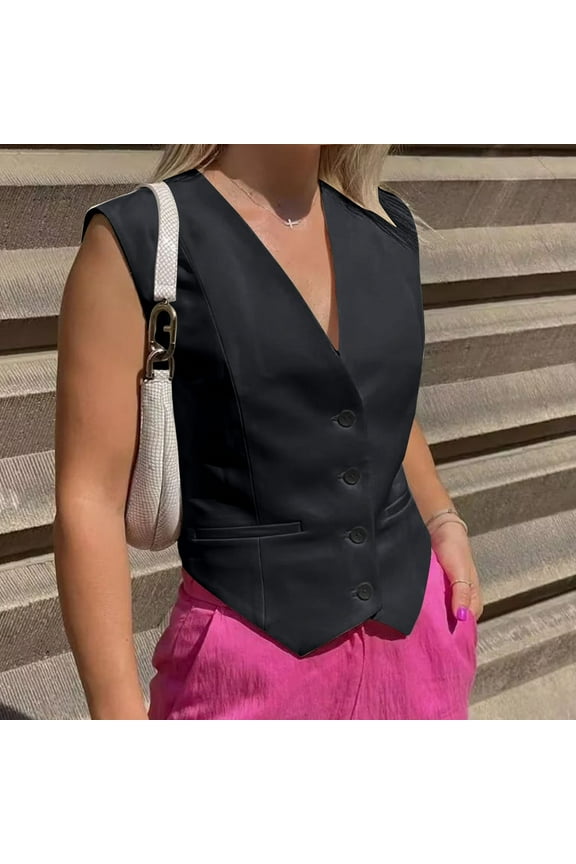 Womens Vest Dressy Casual V-Neck Button-Down Lined Suit Jacket Waistcoat Versatile Vests