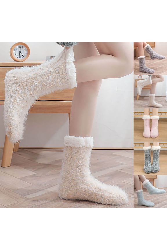 Womens Warm Slipper Socks Winter Knit Fuzzy Cozy Thick Fleece Lined Socks with Grippers Thermal Home Socks Beige,Free Size