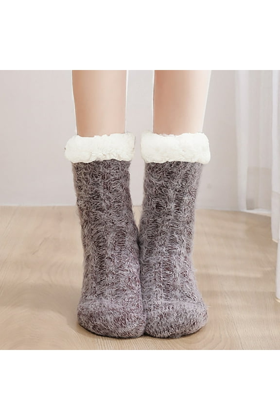 Womens Warm Slipper Socks Winter Knit Fuzzy Cozy Thick Fleece Lined Socks with Grippers Thermal Home Socks Dark Gray,Free Size