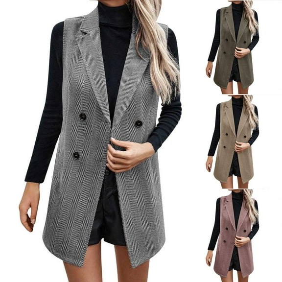 Nmnitkp Womens Wool Long Vest Sleeveless Lapel Double Breasted Fall Winter Coats Jackets Gray,L