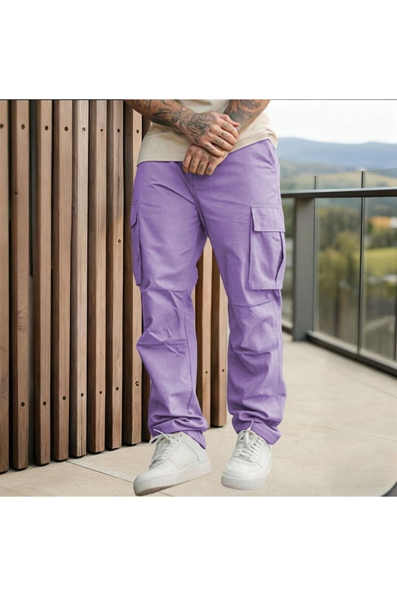 Work Pants for Men Durable Outdoors Button Zipper Fashion Solid Color Casual Pocket Cargo Pants Purple,S