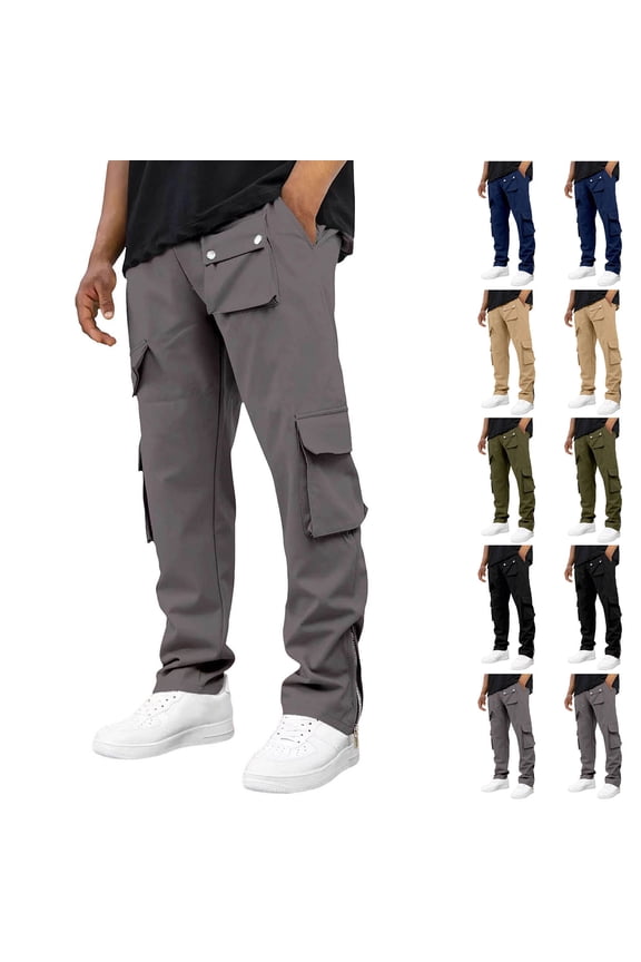 Work Pants for Men Solid Color Elastic Drawstring Zipper Multi Pocket Workwear Pants Gray,L