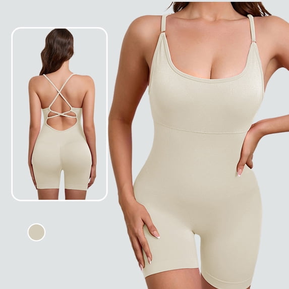 Nmnitkp Workout Sets for Women Solid Color Seamless Yoga Bodysuit Back Crisscross Straps Workout Jumpsuit with Removable Chest Pad Tummy Control Shapewear for Gym Yoga Dance Training Beige,S