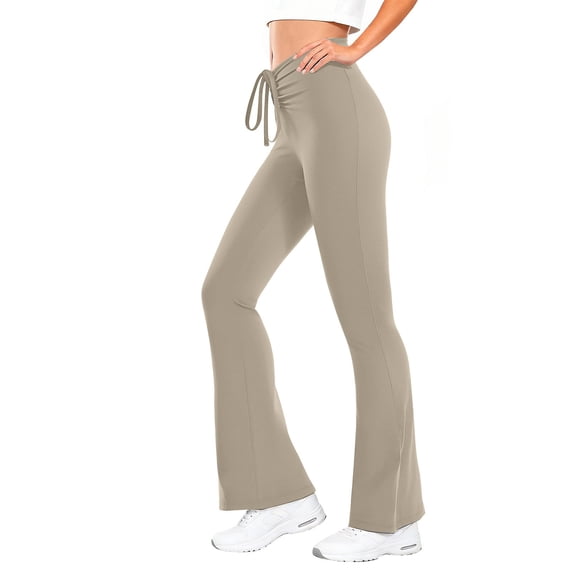 Nmnitkp Yoga Pants Women High Waisted Flared Yoga Pants, Drawstring Waist Buttery Soft Stretch Lounge Pants, Solid Color Workout Pants for Casual & Gym Wear Beige,S