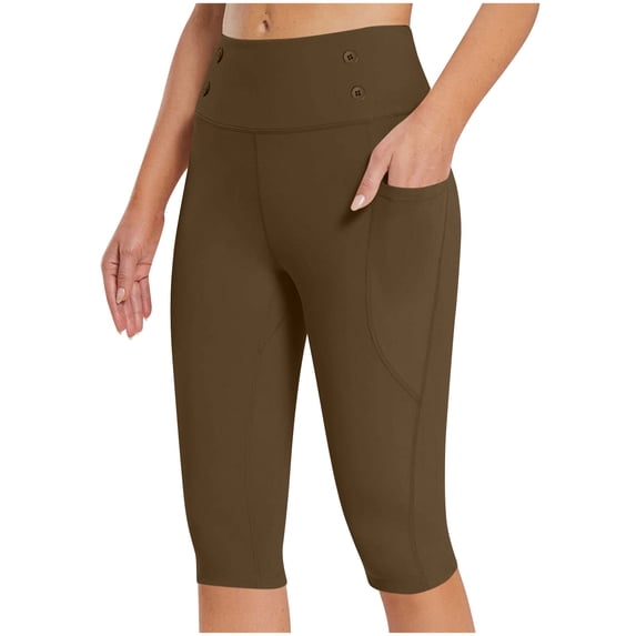 Nmnitkp Yoga Pants Women Knee Length Leggings High Waisted Workout Exercise Capris For Casual Summer With Pockets Coffee,M