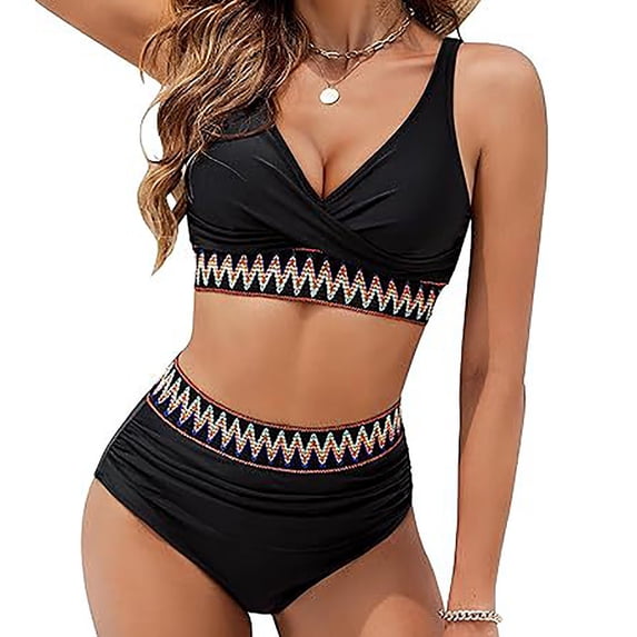 Nmnitkp Tankini Swimsuits for Women V Neck Tummy Control Swimsuits for Women Color Block High Waisted Two Piece Bathing Suits