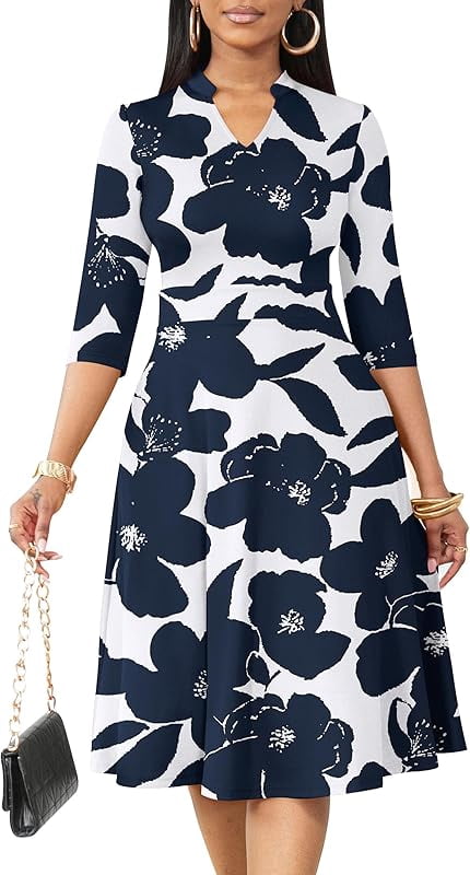 Women's Fit & Flare Church Dress - 3/4 Sleeve, V-Neck, A-Line With Pockets, Semi-Formal Black