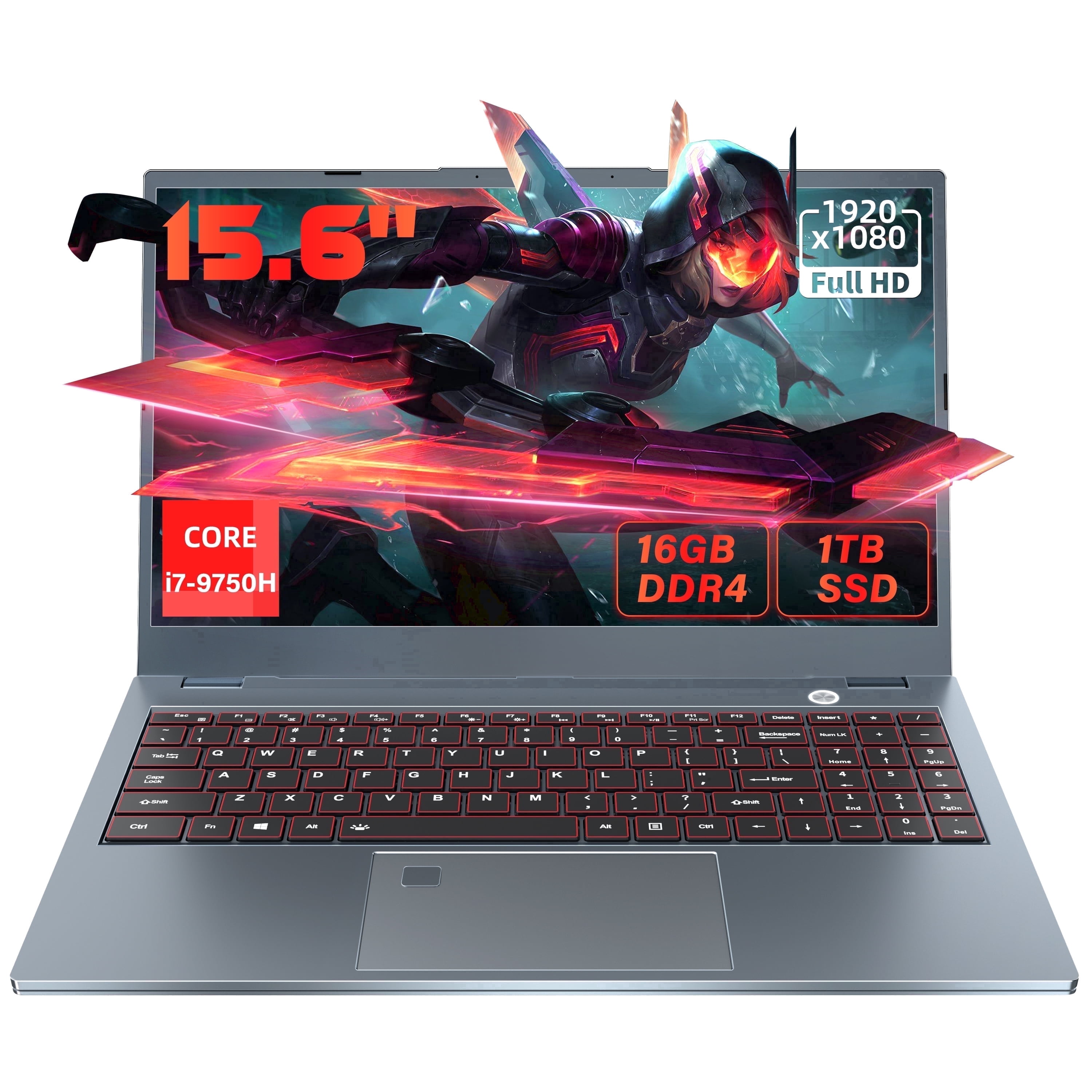 Rumtuk 15.6'' Core i7-9750H Gaming Laptop, 16GB DDR4 RAM, 1TB NVMe SSD, Win11 Pro/Office 2019, UHD Graphics 630, FHD IPS Display, USB3.0/BT4.2/WiFi 5/Type-C/ 6000Mah Battery