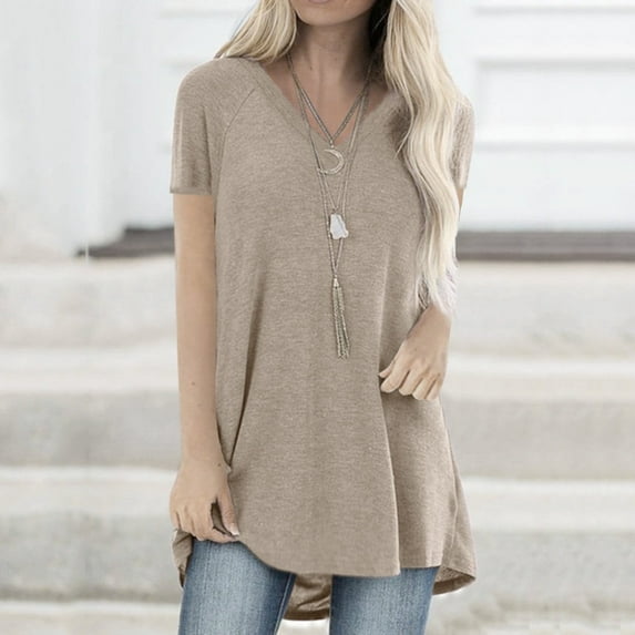 Nnhblu Blouses for Women Fashion 2023 V Neck T Shirts for Women Women Fashion Plus Size Print V Neck Short Sleeved Long T-shirt Blouse Khaki