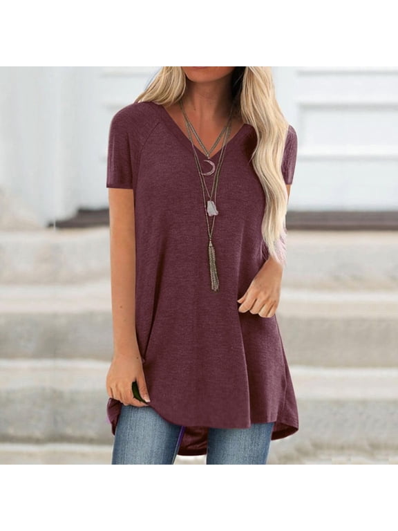Blouses for Women Fashion 2023 V Neck T Shirts for Women Women Fashion Plus Size Print V Neck Short Sleeved Long T-shirt Blouse maroon