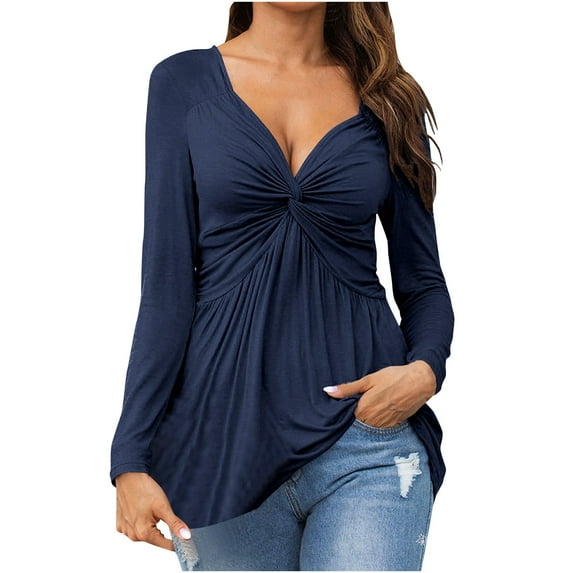 Nnhblu Casual Shirts for Women Trendy Long Sleeve Ladies Tops and Blouses Crew Neck Navy