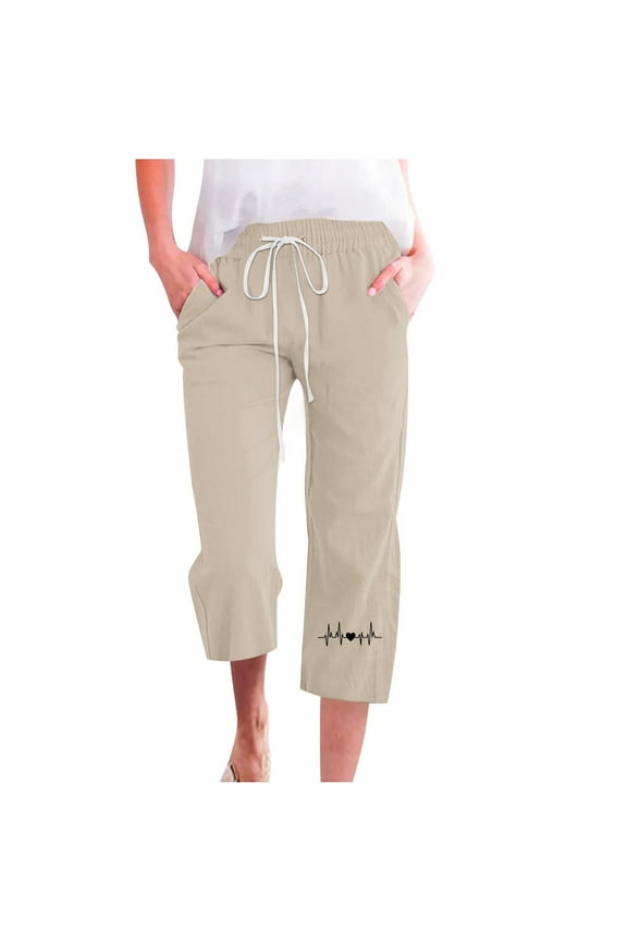 Drawstring Pants Women Dressy Cropped Trousers Womens Capris for Summer Cotton Linen Khaki