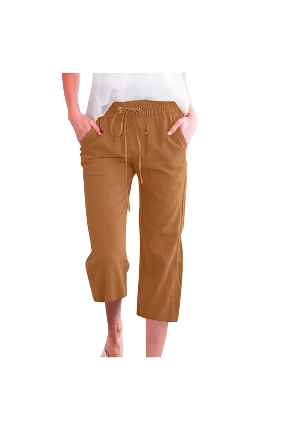 Drawstring Pants Women Petite Cropped Pants Leggings for Women Capri Length Cotton Linen Coffee