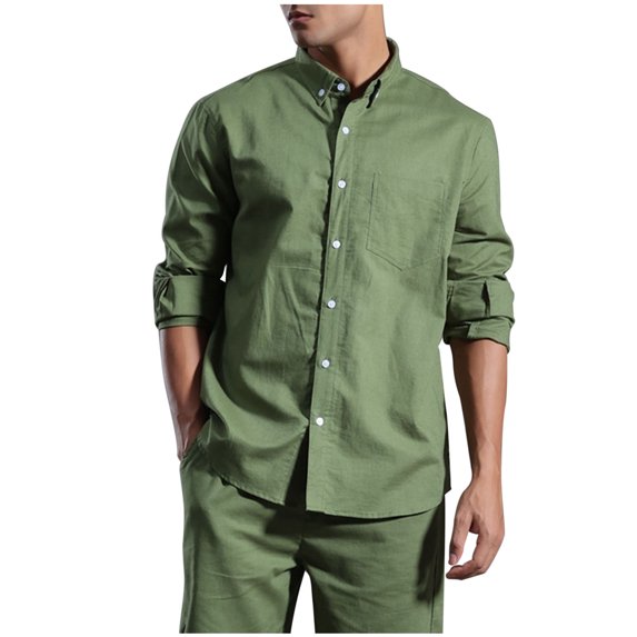 Nnhblu Dress Shirts for Men Flip Collar Pocket Solid Color Button Down Shirt Long Sleeves Shirts, Green L