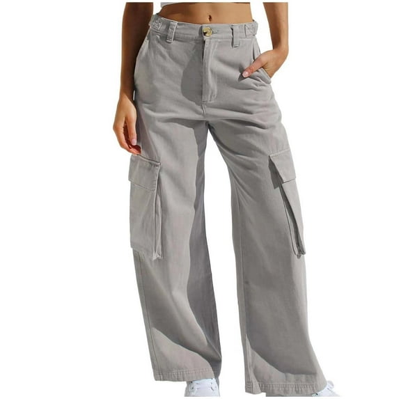 Nnhblu Fashion Cargo Pants Women Womens Jeans Stretchy Straight Leg Gray Denim Pockets Trousers