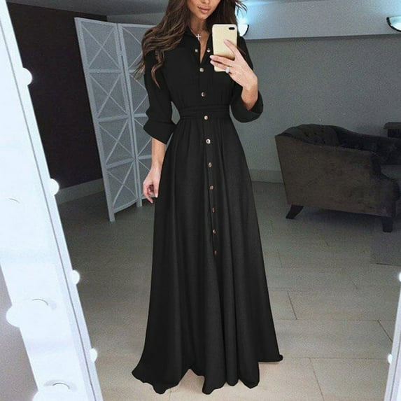 Nnhblu Fashion Women Sexy Long Sleeve Solid Dress Buttons Party Bandage Dress Sales Clearance Wedding Guest Dresses for Women Evening Dresses for Women Elegant Black