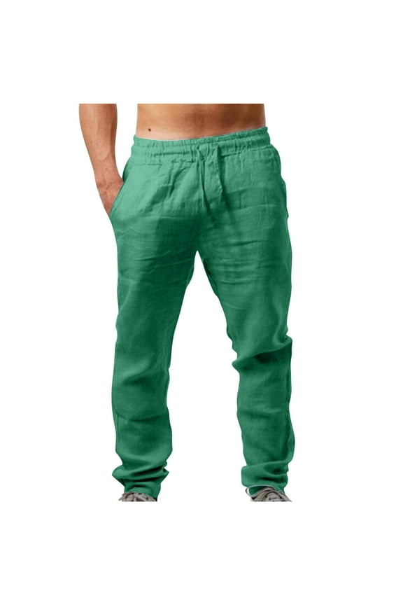 Green Workout Pants for Men Drawstring Mens Sweatpants with Pockets Cotton Lined Trousers