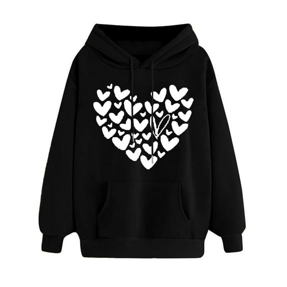 Nnhblu Hooded Hoodies for Girls Drawsting Long Sleeve Oversized Sweatshirt Heart Print Casual Tops with Pockets Black-1 Sizes S-3XL