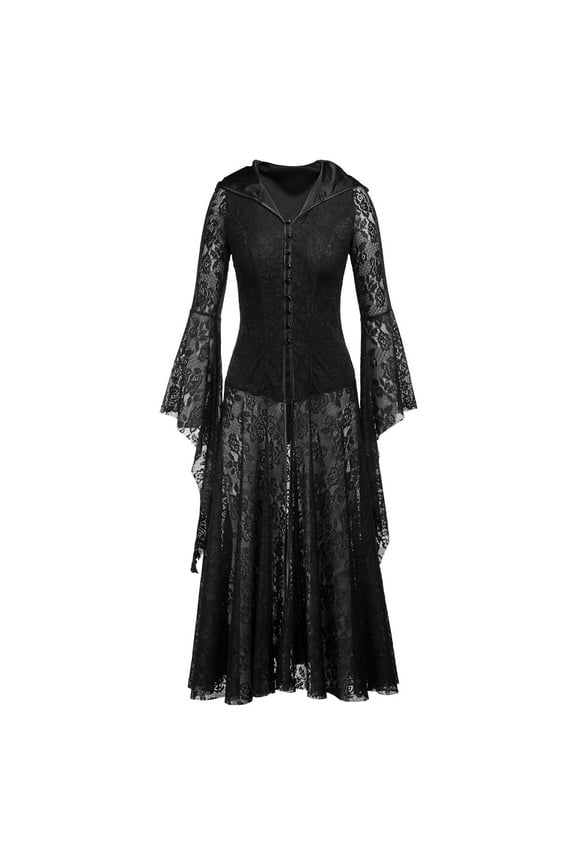 Maxi Dress Gowns and Evening Dresses Medieval Women Skirt Long Sleeve Round Neck Lace Court Dress Gothic Clothes for Women Black S