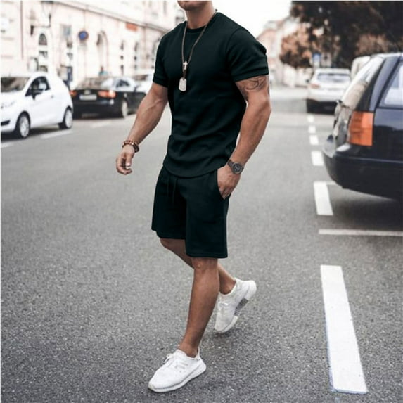 Nnhblu Men 2 Piece Casual Short Sleeve Tee Shirts and Fit Sport Shorts Set Mens Outfits Mens Shirts Casual Stylish Discount Clearance Black