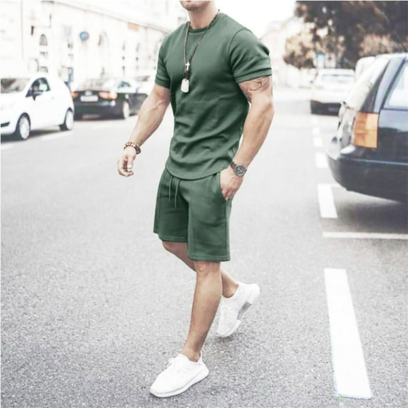 Nnhblu Men 2 Piece Casual Short Sleeve Tee Shirts and Fit Sport Shorts Set Mens Outfits Mens Shirts Casual Stylish Discount Clearance Green