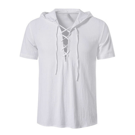 Nnhblu Men Cotton Linen Short Sleeve V-Neck Casual Shirts For Men White M