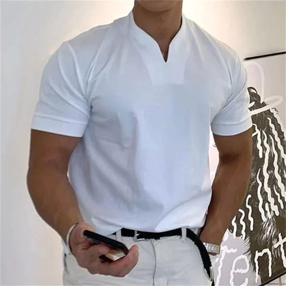 Nnhblu Men Cotton Short Sleeve V-Neck Pocket, Sports Summer Blouse White L