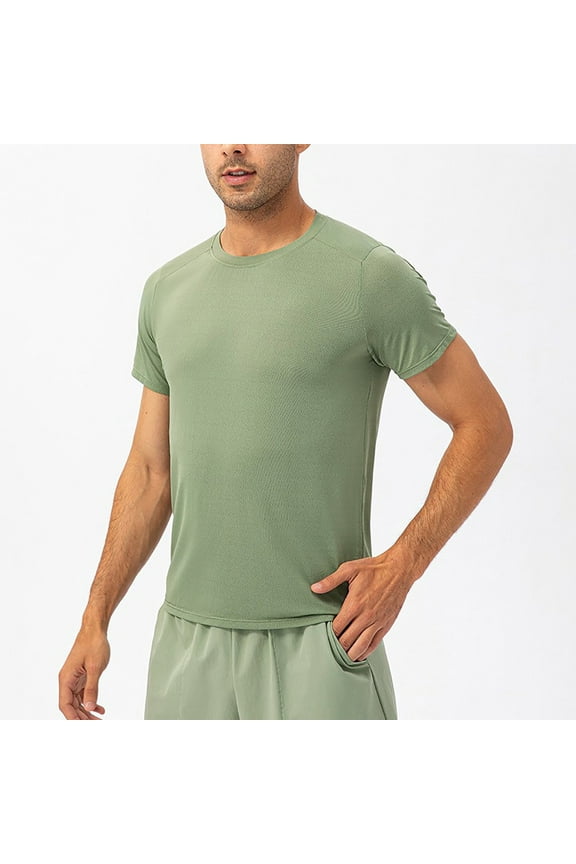 Men Nylon Short Sleeve Round Neck Quick Dry Sports Blouse Green M