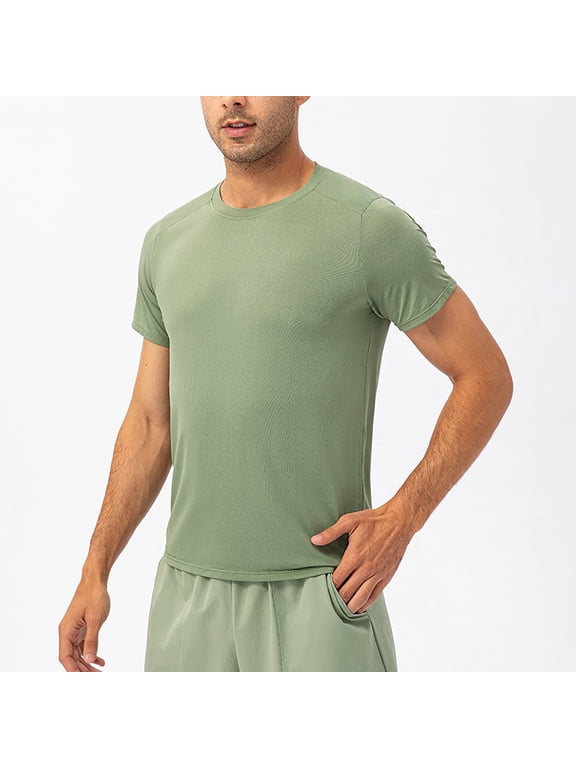 Men Nylon Short Sleeve Round Neck Quick Dry Sports Blouse Green M