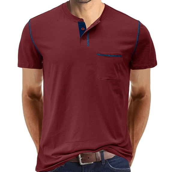 Nnhblu Men Short Sleeve Cotton Stand-up Collar Slim Men's T-Shirts Wine XXL