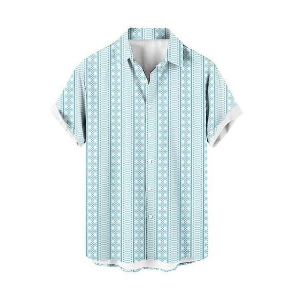 Nnhblu Men's Hawaiian Shirt Short Sleeves Checkered Stripe Printing Printed Button Down Summer Beach Casual Shirts Sky Blue,XXXL