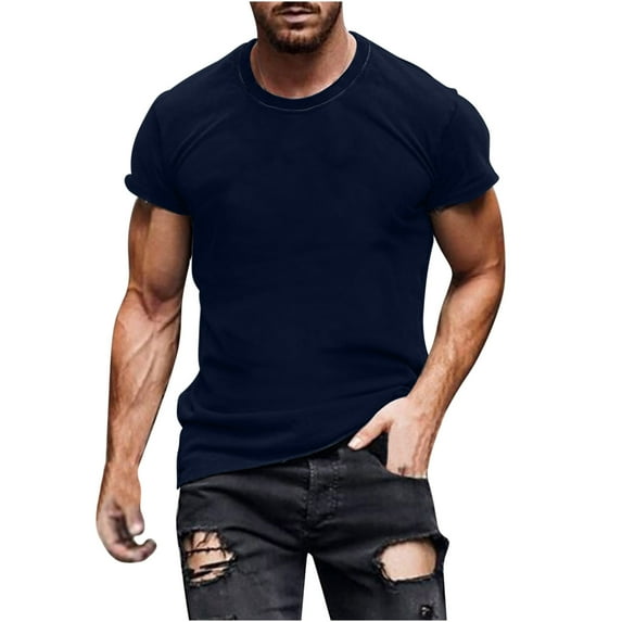Nnhblu Mens Fashion Shirts Short Sleeve Round Neck Men's T-Shirts Workout Shirts for Men Summer Beach Casual Short Sleeve, Dark Blue-L