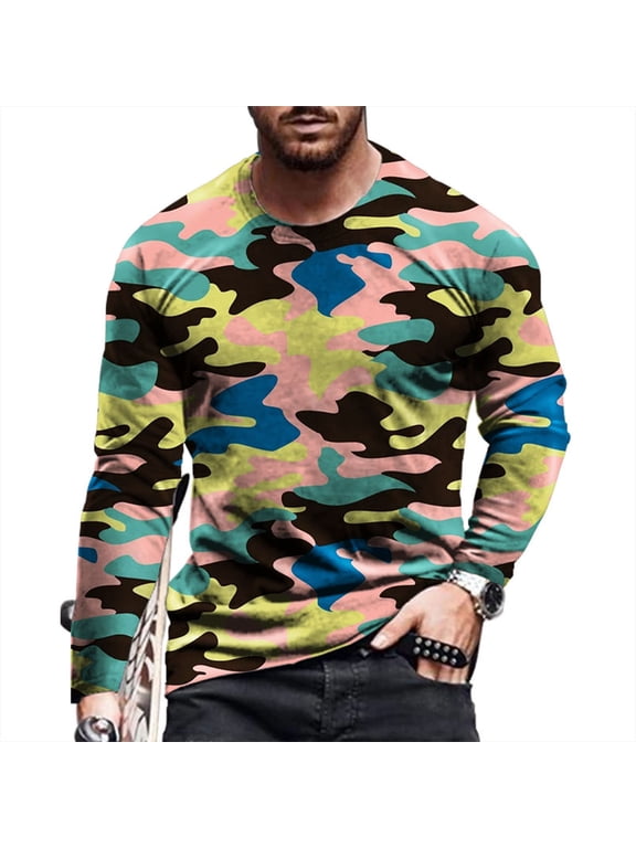 Mens Shirts Casual Long Sleeve Round Neck Camouflage Shirts for Men Yellow L