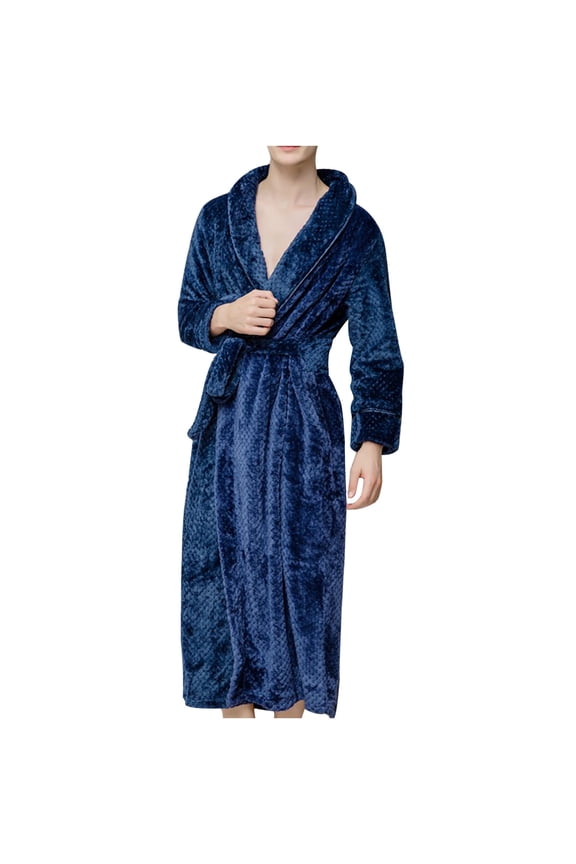Navy Mens Robe Fleece Flannel Big and Tall - Winter Warm Long Fleece Spa Bath Robe with Pockets - Bathrobe Gift for Men