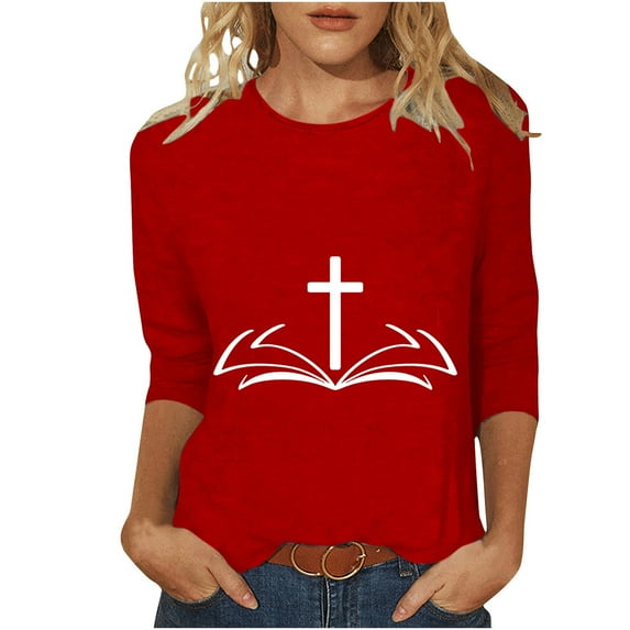 Nnhblu Red Dressy Blouses for Women Faith Cross Print Funny Tshirts Easter Day Tops