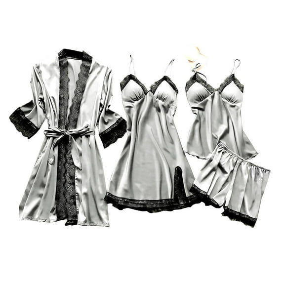 Nnhblu Robes for Women Bathrobe Nightgowns for Women Soft 4 Piece Gray Pajama Set