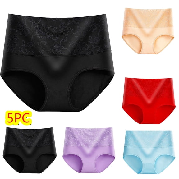 Nnhblu Seamless Underwear Cotton Lace High Waist Shapewear String Bikini Panties Black+Light Purple+Light Blue+Red+Yellow 5 Pack Underpants