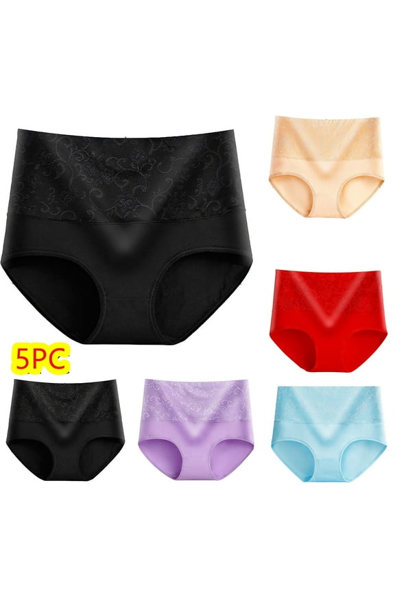 Seamless Underwear for Women Cotton Lace High Waist Shapewear Cute Panties Black+Light Purple+Light Blue+Red+Yellow 5 Pack Underpants