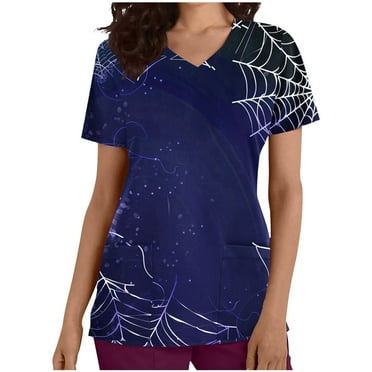 Nnhblu Short Sleeve V-Neck Halloween Scrub Tops with Pockets Nurse Shirts for Women Holiday Top Work UniformsBlue S