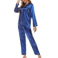 thumbnail image 1 of Yufatyle Silk Pajamas for Women Loungewear Two-piece Satin Sleepwear Button-Up Long Sleeve Pajama with Long Pants Pj Set Blue, 1 of 4